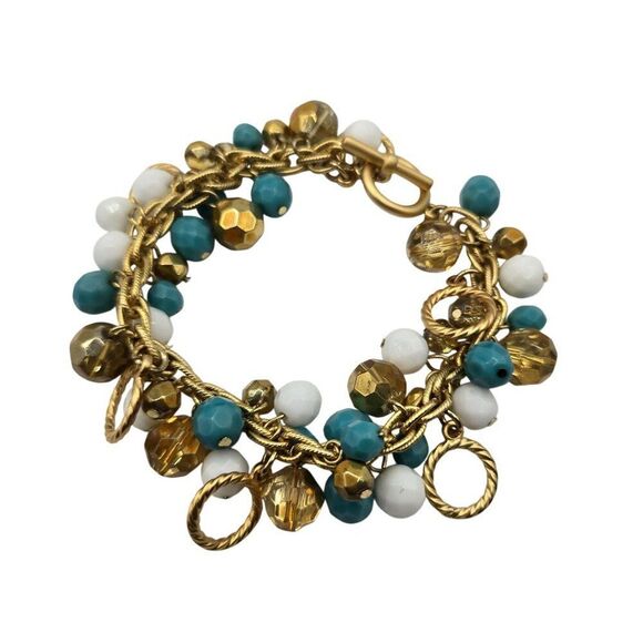 Vintage Kenneth J Lane Toggle Bracelet Turquoise Beaded Gold Tone 8" - Picture 1 of 4